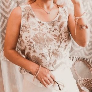 Flax White Floral Print 100% Linen Tank Top